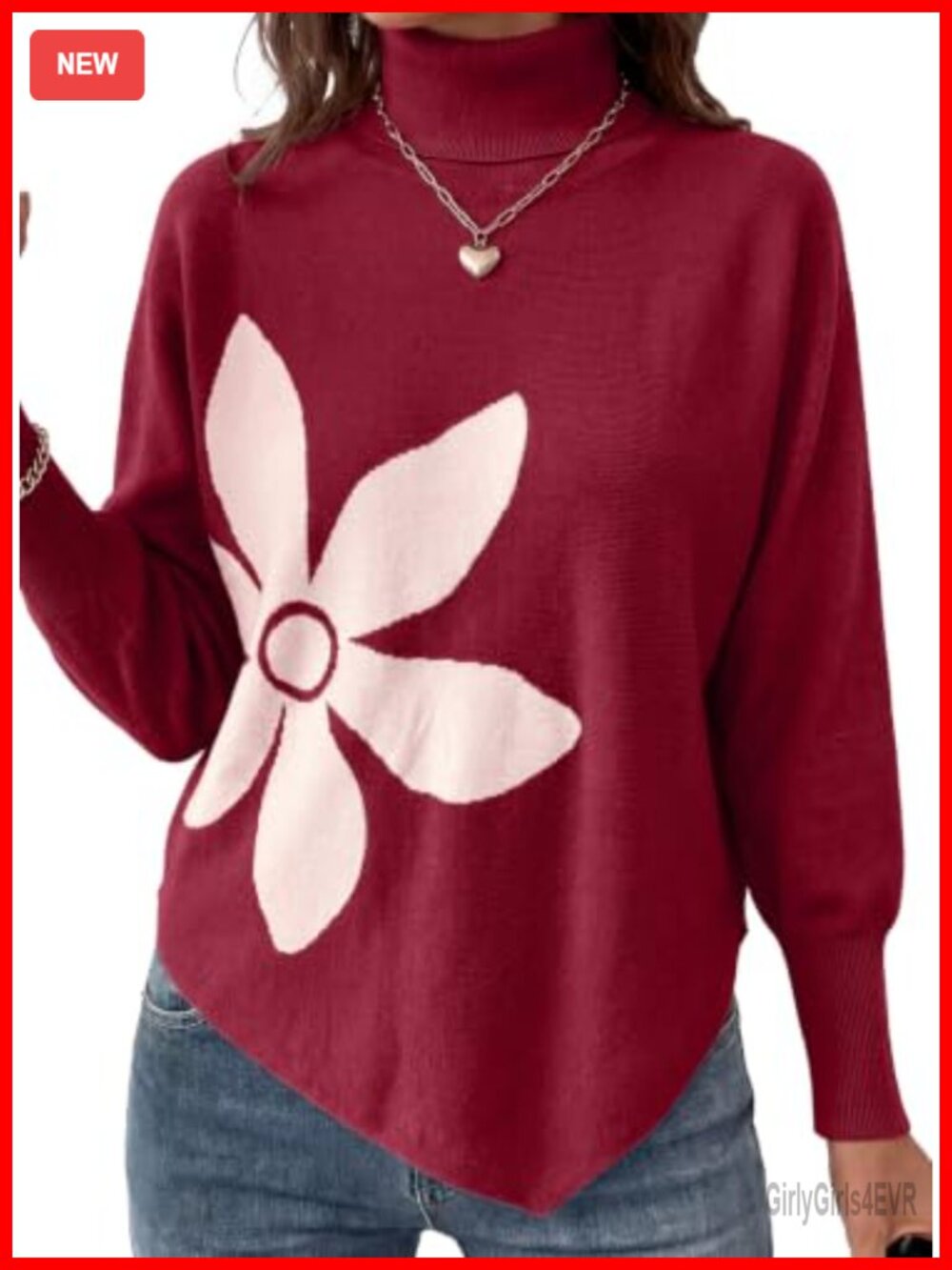Oversized Turtleneck Floral Pullover Sweater Women Cozy Knit
